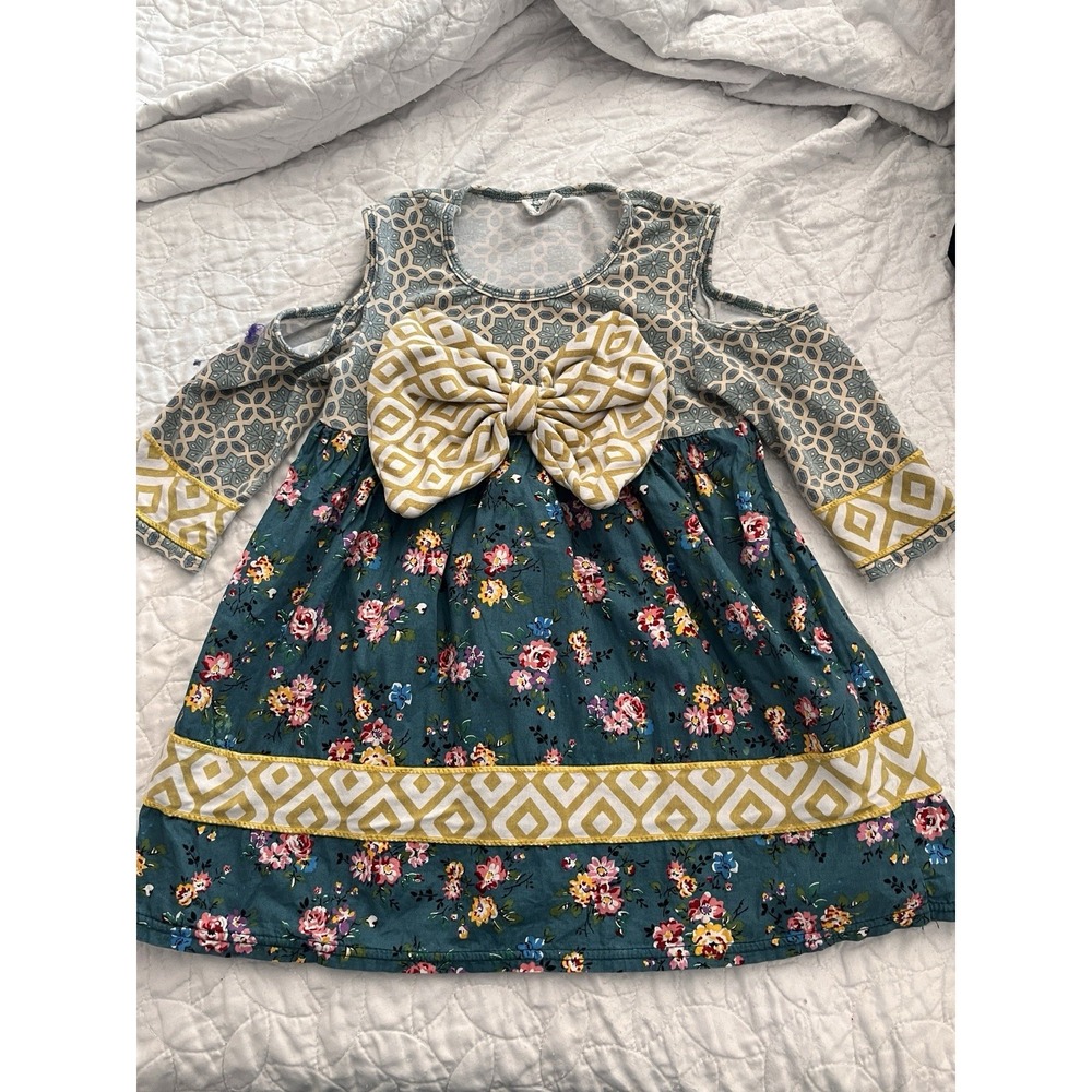 Tutu & Lulu Girls Boutique Cold Shoulder Dress Teal Floral Big Bow 5-6Y